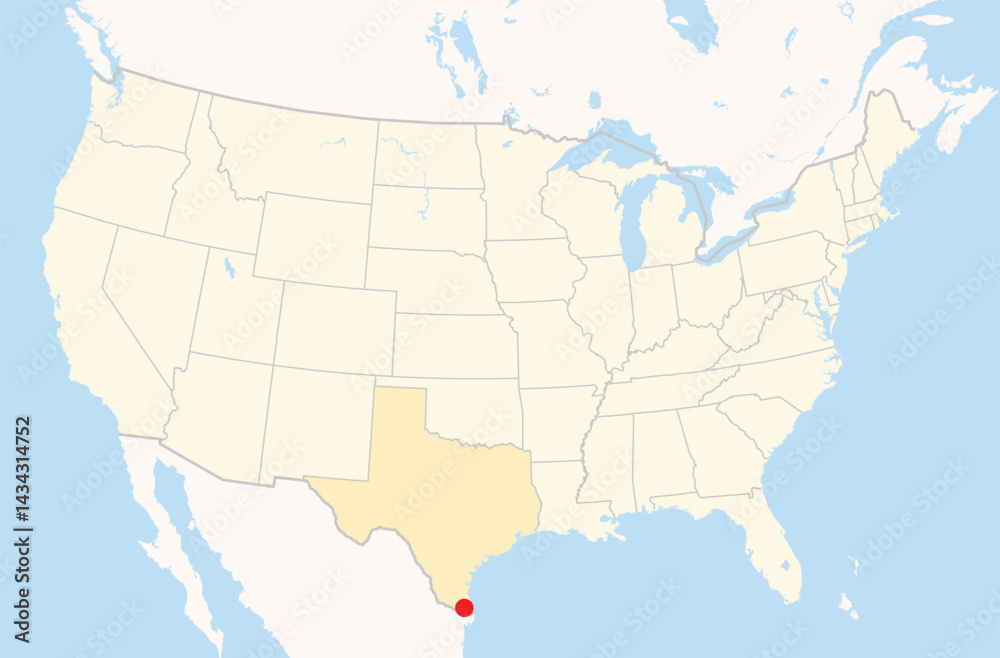 Fototapeta premium Location Map of the city Harlingen in Texas, USA. The state is marked orange and the city is highlighted with a red dot. No labels at all.
