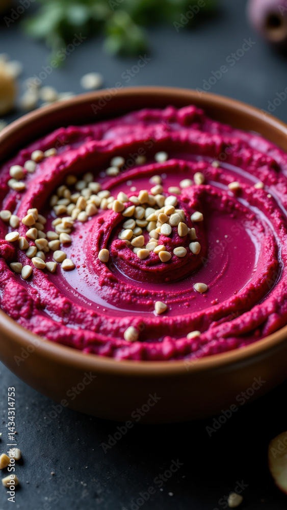 Fototapeta premium A bowl of vibrant pink hummus with a swirl of chopped nuts on top, perfect for keto diet recipes.