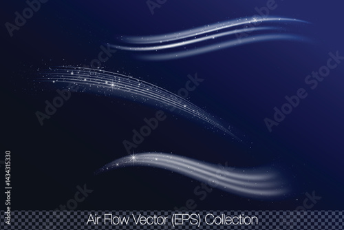Flow of cooled air with white elements of cold glow, vector (EPS) isolated illustration set on transparent background. Wind, air flow, conditioned air, air ventilation and climatic comfort set