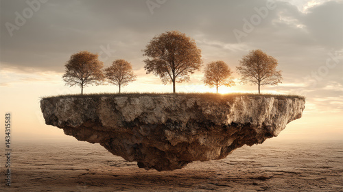 An enchanting levitating island adorned with vibrant autumn trees hovers serenely over a desolate landscape under a majestic, subtly sunlit sky horizon in a dream.