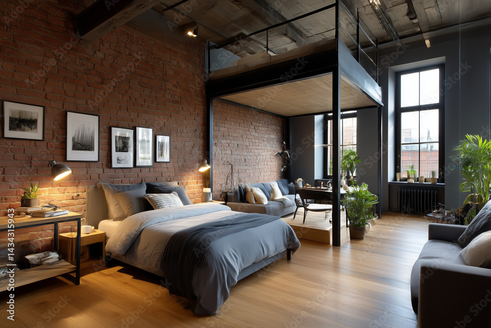 Fototapeta premium A compact and stylish industrial-style studio apartment with functional furniture and loft sleeping.