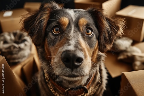 Dog enjoys moving day chaos with boxes all around and family excitement in the air
