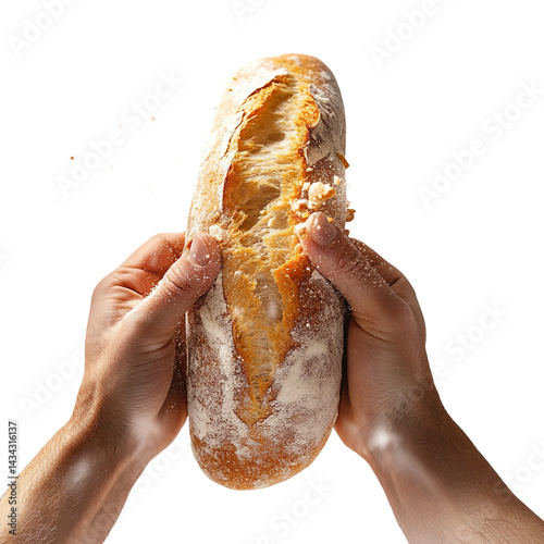 Close-up of hands breaking apart a steaming baguette on a Transparent Background