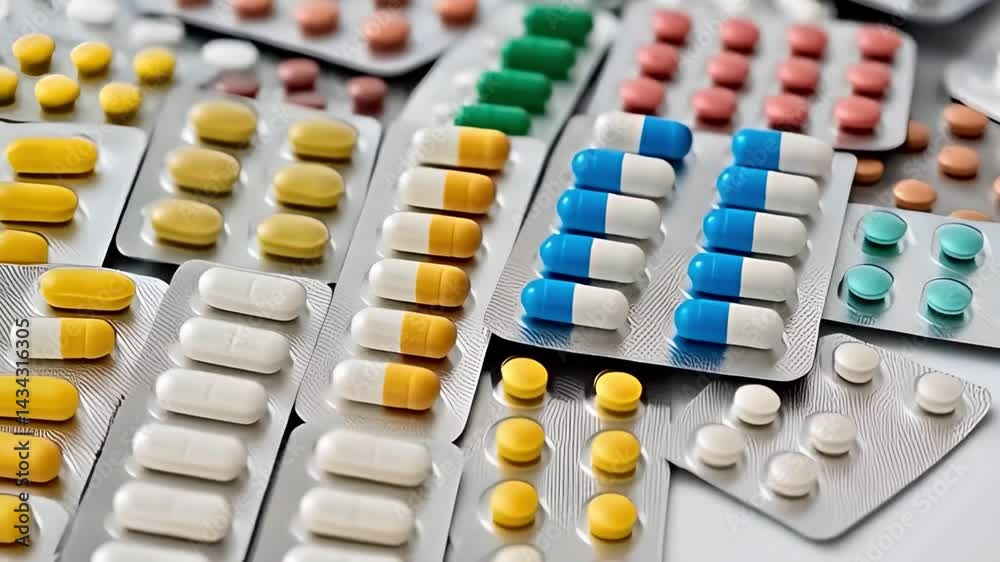 Assortment of different medicines like colorful pharmaceutical capsules and tablets in various pill blister packaging close-up