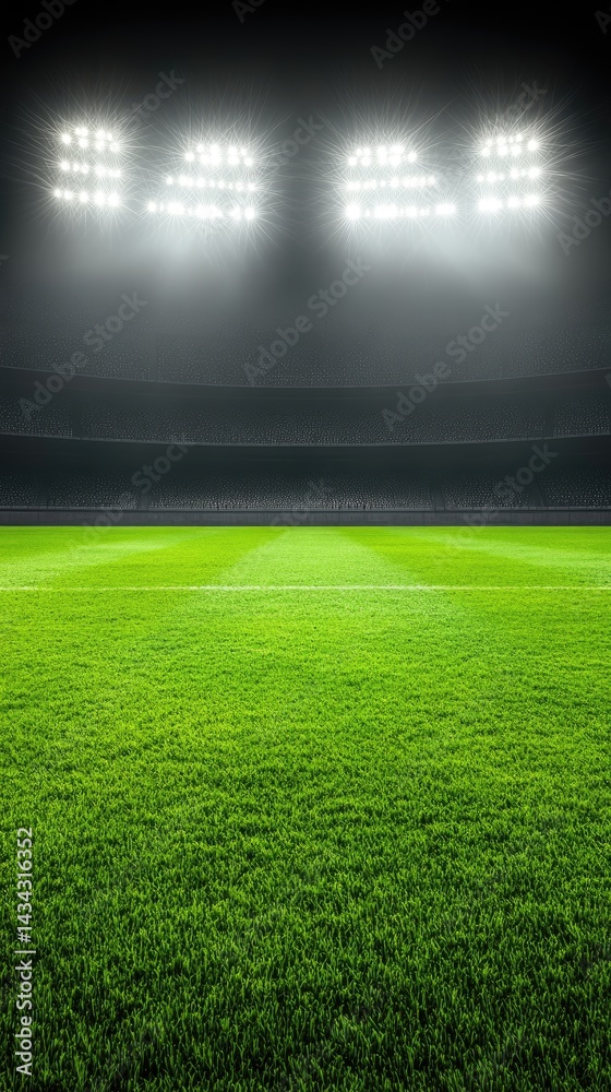Obraz premium A green field under bright lights with a dark background of stadium seating