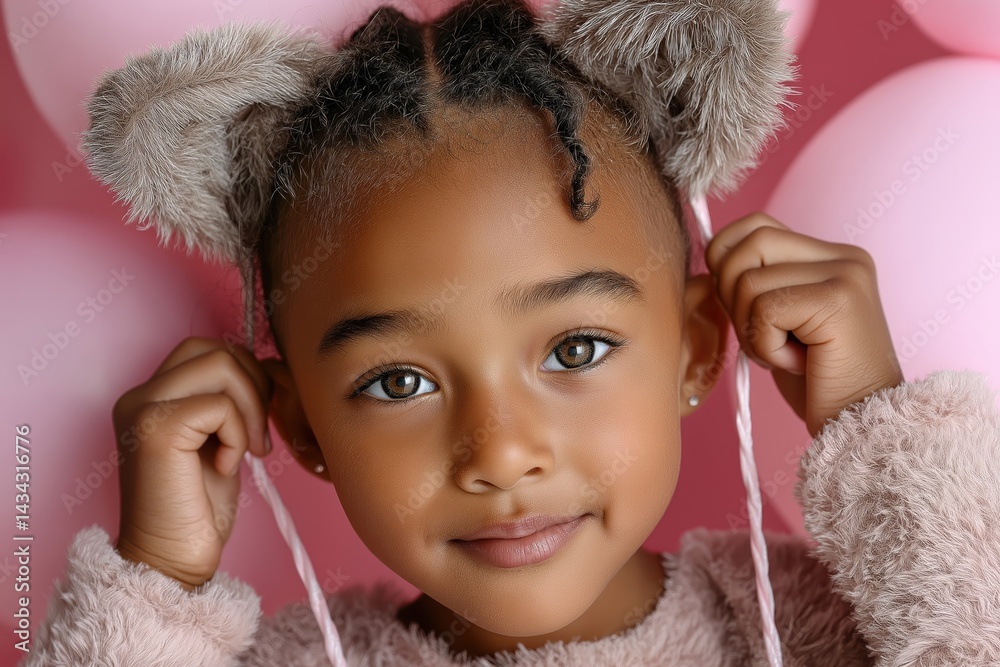 Joyful little girl with bunny ears in a pink Easter setting celebrating happiness during springtime festivities