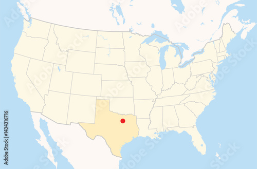 Location Map of the city Grand Prairie in Texas, USA. The state is marked orange and the city is highlighted with a red dot. No labels at all.