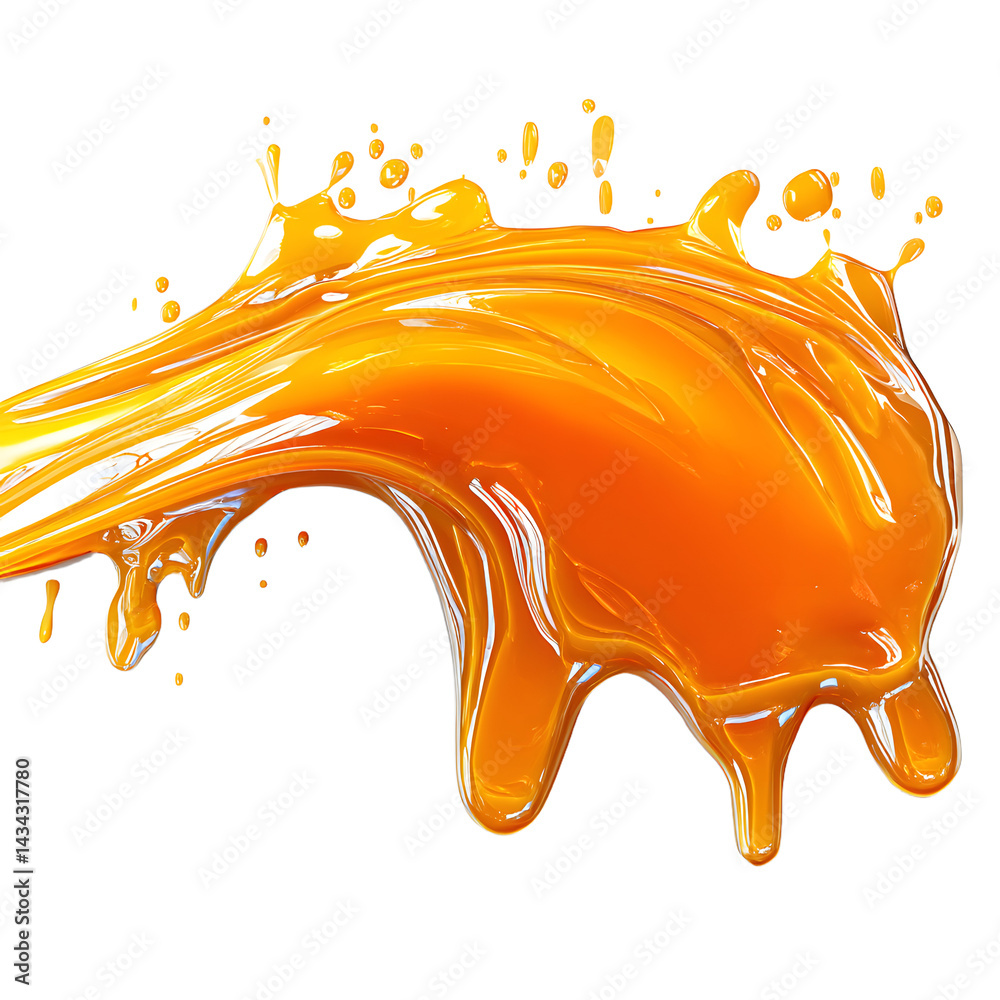 slight bright orange caramel drips top view isolated on white background
