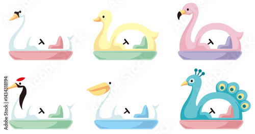 白鳥、アヒル、フラミンゴ、鶴、ペリカン、孔雀をモチーフとしたスワンボートのベクターイラスト詰め合わせセット(Cute swan boat vector illustration set – swan, duck, flamingo, crane, pelican, peacock themes)