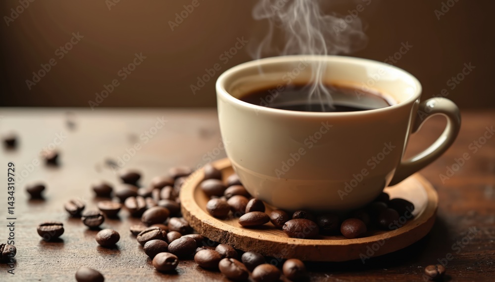 Obraz premium Hot coffee cup on wood table with scattered coffee beans. Morning breakfast beverage served at cafe. Aroma steam rising from hot drink. Coffee break, espresso, latte. Brown background.