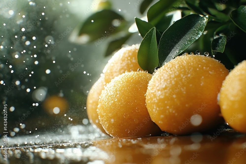 Ripe grapefruits glisten in sunlight on a branch in an organic garden ready for harvest