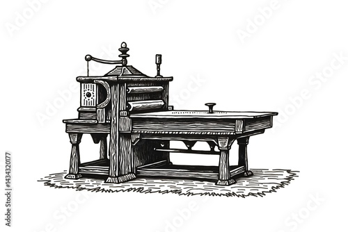 Detailed woodcut-style drawing of a vintage printing press isolated on white background