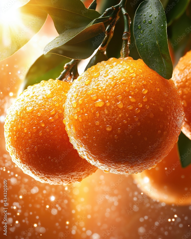 Sun-kissed oranges hanging on a tree branch illuminated by warm sunlight in a vibrant orchard setting