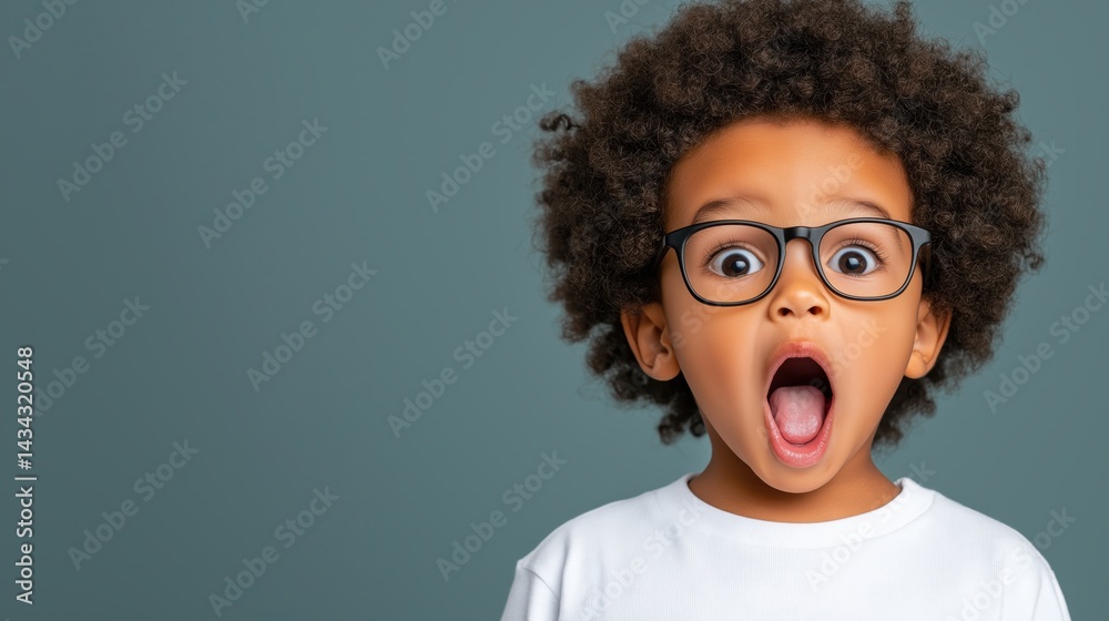 Energetic African preschool boy with glasses expressing joy in a studio setting