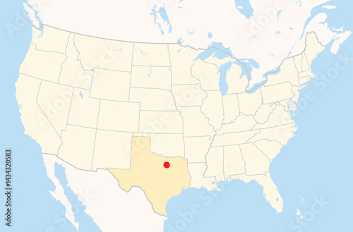 Location Map of the city Fort Worth in Texas, USA. The state is marked orange and the city is highlighted with a red dot. No labels at all.
