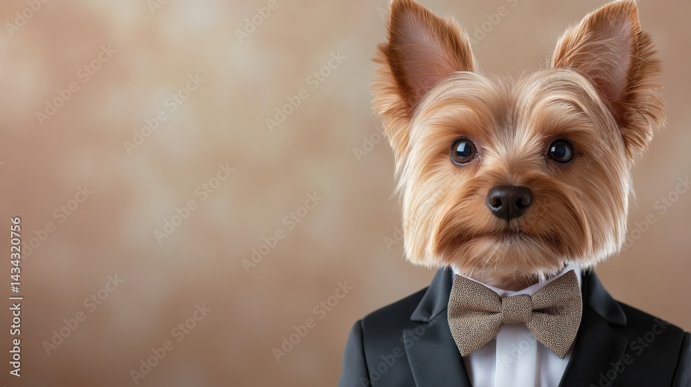 Dapper Yorkshire Terrier in tuxedo and bowtie ready for a high-class event in an elegant setting