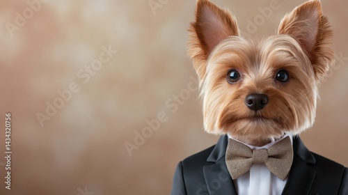 Obraz na płótnie Dapper Yorkshire Terrier in tuxedo and bowtie ready for a high-class event in an elegant setting w salonie