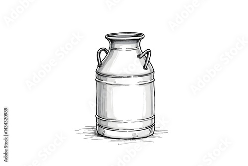 Detailed monochrome illustration of a vintage milk can with metal texture, isolated on white