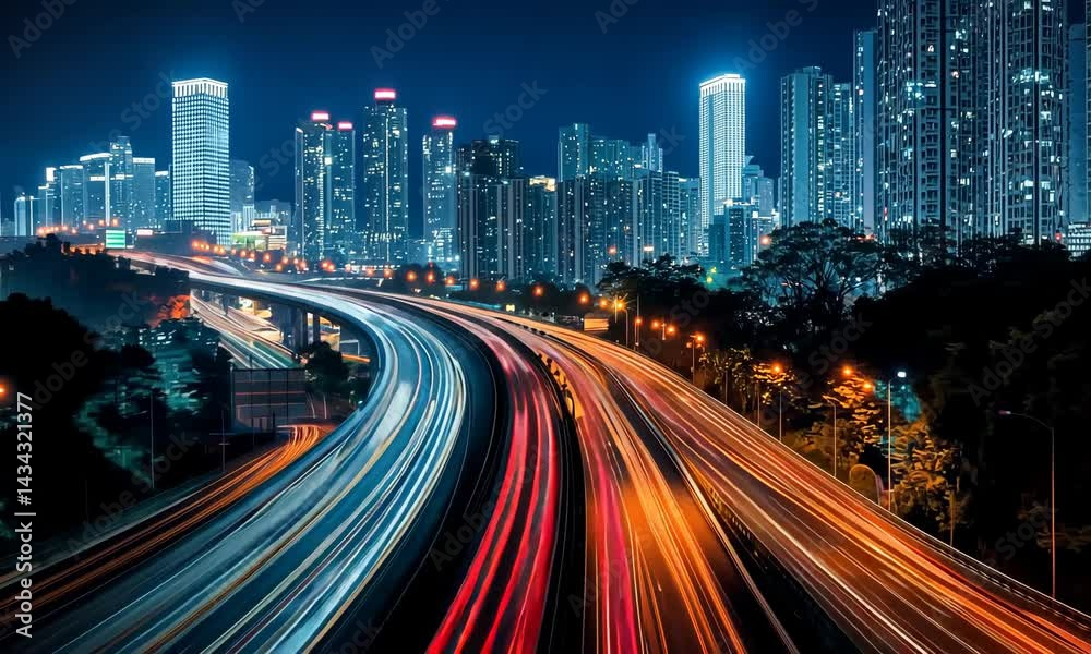 Timelapse of vibrant city skyline at night with light trails on highway Timelapse of vibrant city skyline at night with light trails on highway