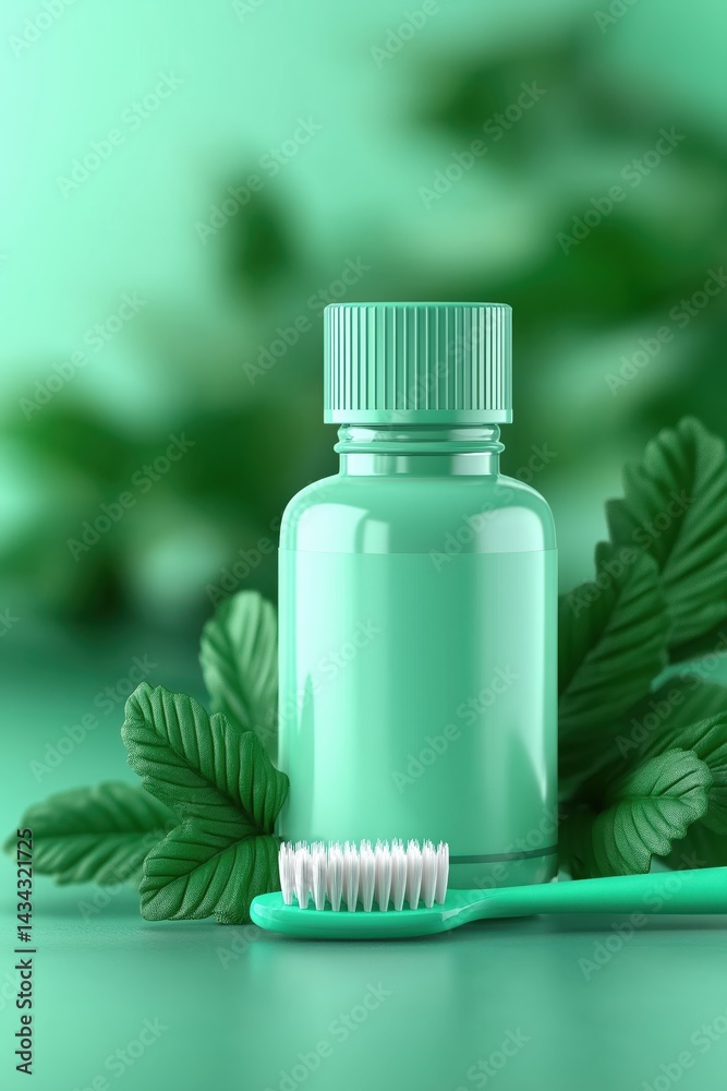 Brilliant dental care product illustration featuring vibrant mouthwash and toothbrush surrounded by soothing green leaves