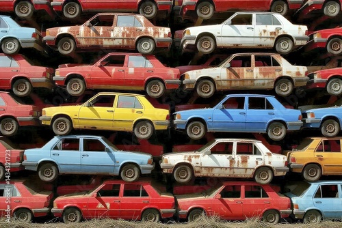 Cars Stacked High in Automotive Junkyard

