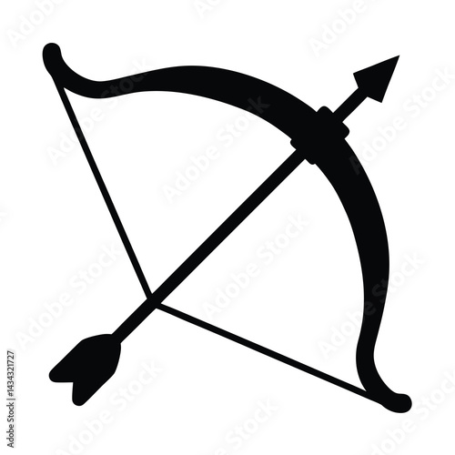 A silhouetted bow and arrow with fletched arrow about to launch