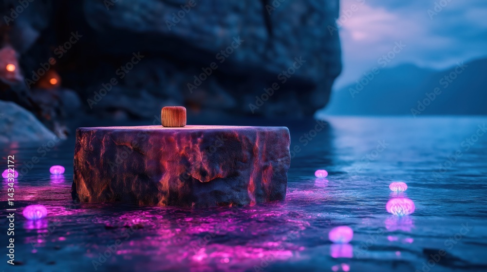 Surreal underwater temple featuring glowing coral structures and floating jellyfish lights at dusk