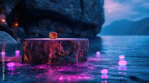 Surreal underwater temple featuring glowing coral structures and floating jellyfish lights at dusk