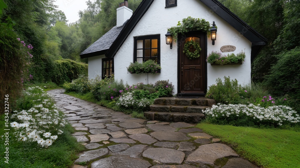 Charming countryside cottage surrounded by a vibrant flower garden and a tranquil stone path leading to the cozy entrance