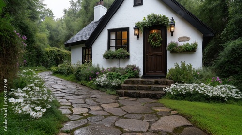 Obraz na płótnie Charming countryside cottage surrounded by a vibrant flower garden and a tranquil stone path leading to the cozy entrance w salonie