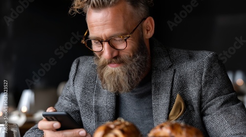 Bearded businessman enjoying a cafe experience while paying the bill with a phone and a smile