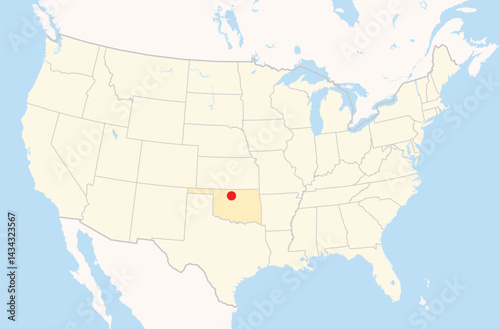 Location Map of the city Enid in Oklahoma, USA. The state is marked orange and the city is highlighted with a red dot. No labels at all.