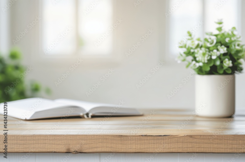 A serene workspace featuring an open book and a potted plant, creating a calming atmosphere perfect for reading or studying. A serene workspace featuring an open book and a potted plant, creating a calming atmosphere perfect for reading or studying.