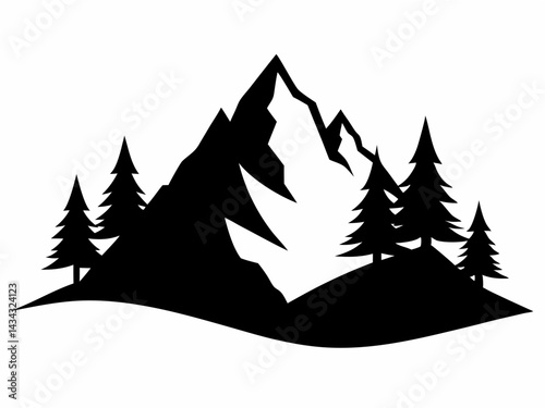 Mountain and Pine Forest Silhouette Icon, Forest and Mountain Vector
