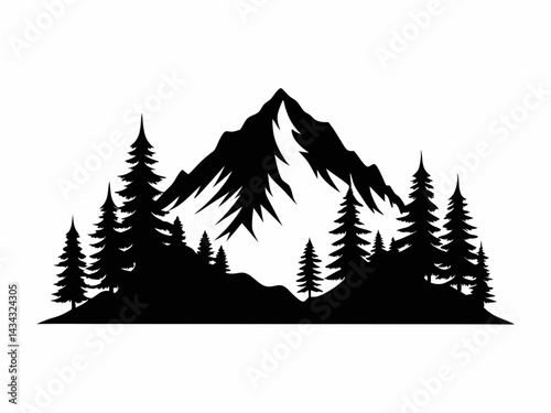 Mountain and Pine Forest Silhouette Icon, Forest and Mountain Vector