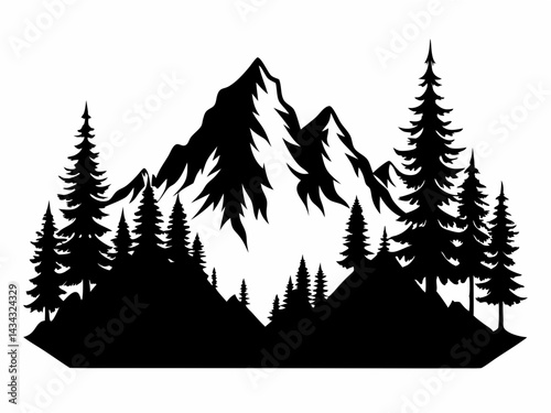 Mountain and Pine Forest Silhouette Icon, Forest and Mountain Vector