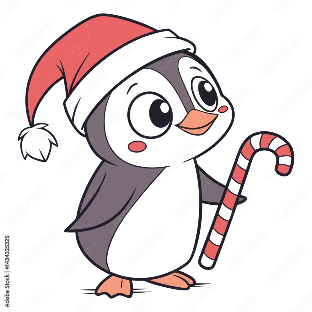 Obraz premium A Penguin wearing a Santa hat and holding a candy stick 