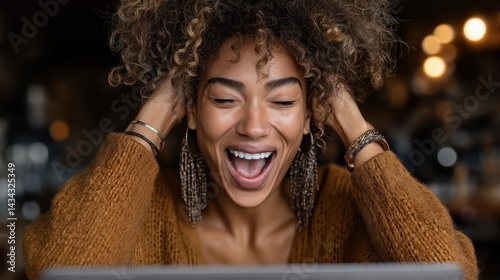 Excited female entrepreneur celebrates success in a cozy cafe while working on her laptop