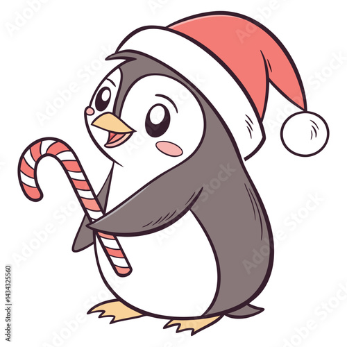 A Penguin wearing a Santa hat and holding a candy stick 