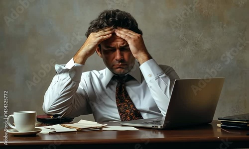 Stressed businessman at desk with laptop and coffee cup displaying frustration and fatigue