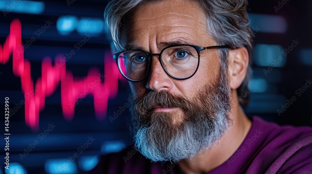 Experienced investor analyzes cryptocurrency trends in modern office with neon accents and advanced technology