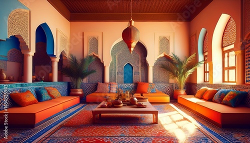 Farbenfrohes marokkanisches Riad-Zimmer mit Mosaiken und Laternen
