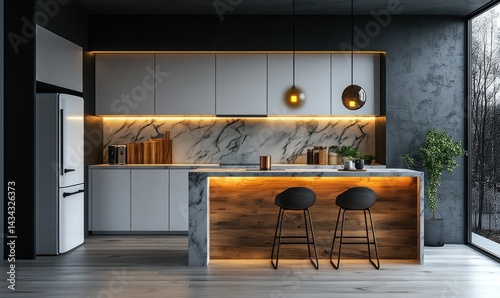 Modern kitchen design with a contemporary island. photo