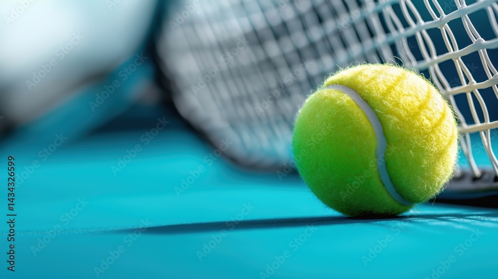 Tennis ball resting near net on vibrant blue court, capturing the energy and anticipation of the match