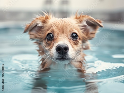 A small dog swims in a pool, looking curiously at the camera, with water droplets glistening on its fur.
