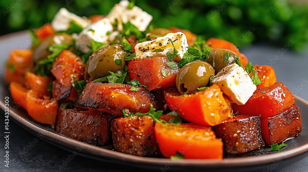 Savory Mediterranean grilled peppers topped with feta cheese and olives on a ceramic plate enhance any outdoor dining experience
