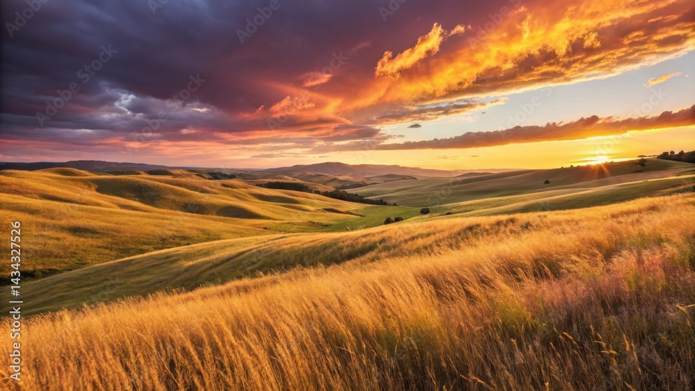 Obraz premium Golden Fields Sunset Rolling hills, warm light and vibrant sky,Landscape ,Nature