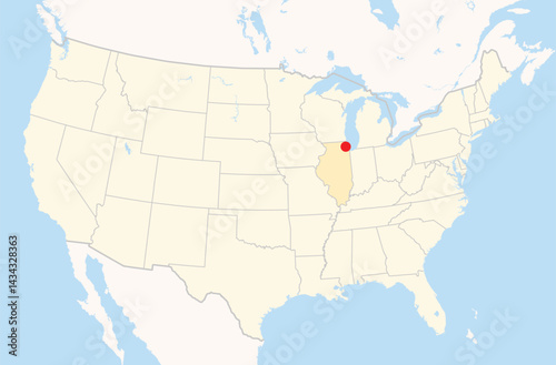 Location Map of the city Des Plaines in Illinois, USA. The state is marked orange and the city is highlighted with a red dot. No labels at all.