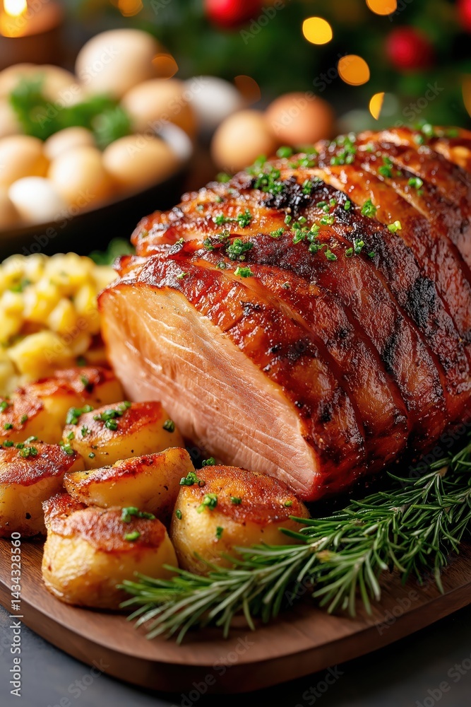 Vibrant Easter dinner featuring ham, sides, and dessert in a festive setting