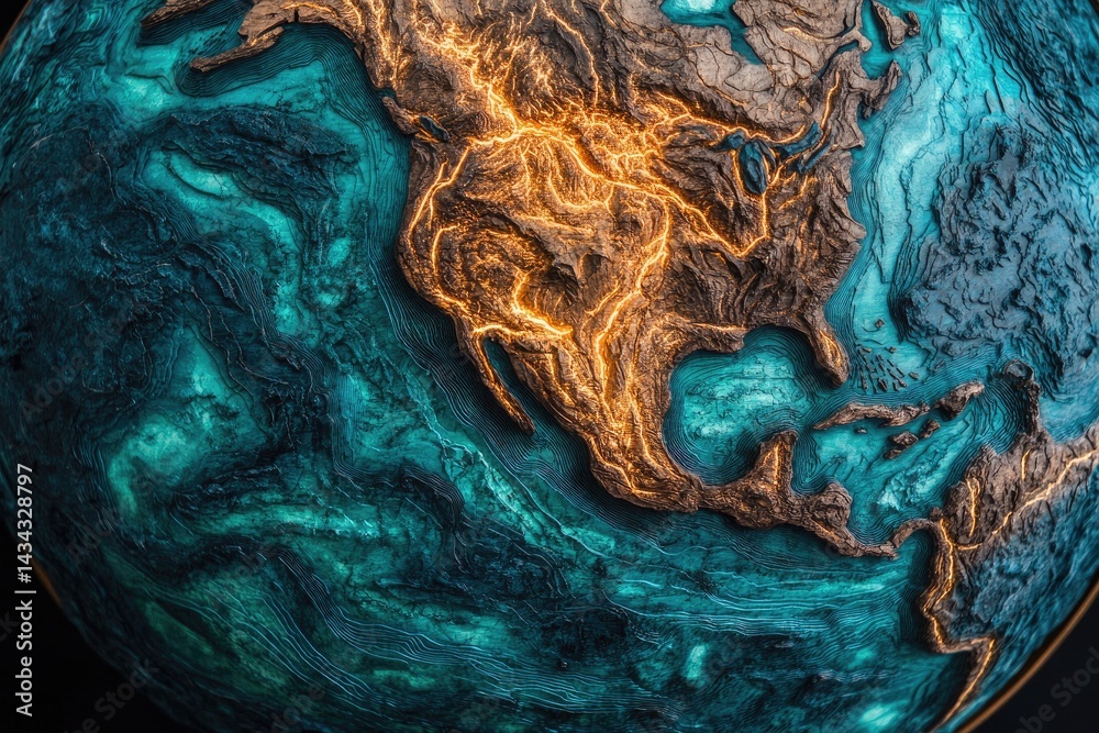 Fototapeta premium A textured world with landmass glowing warmly, surrounded by blue and green oceanic swirls